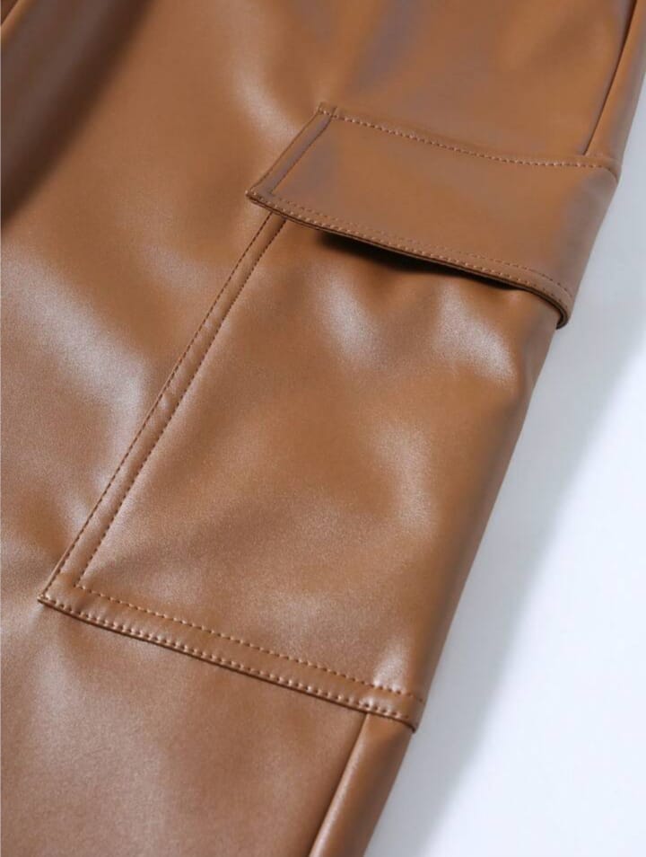 Men's Versatile Solid Color Casual Trousers Pants Brown Leather Pants